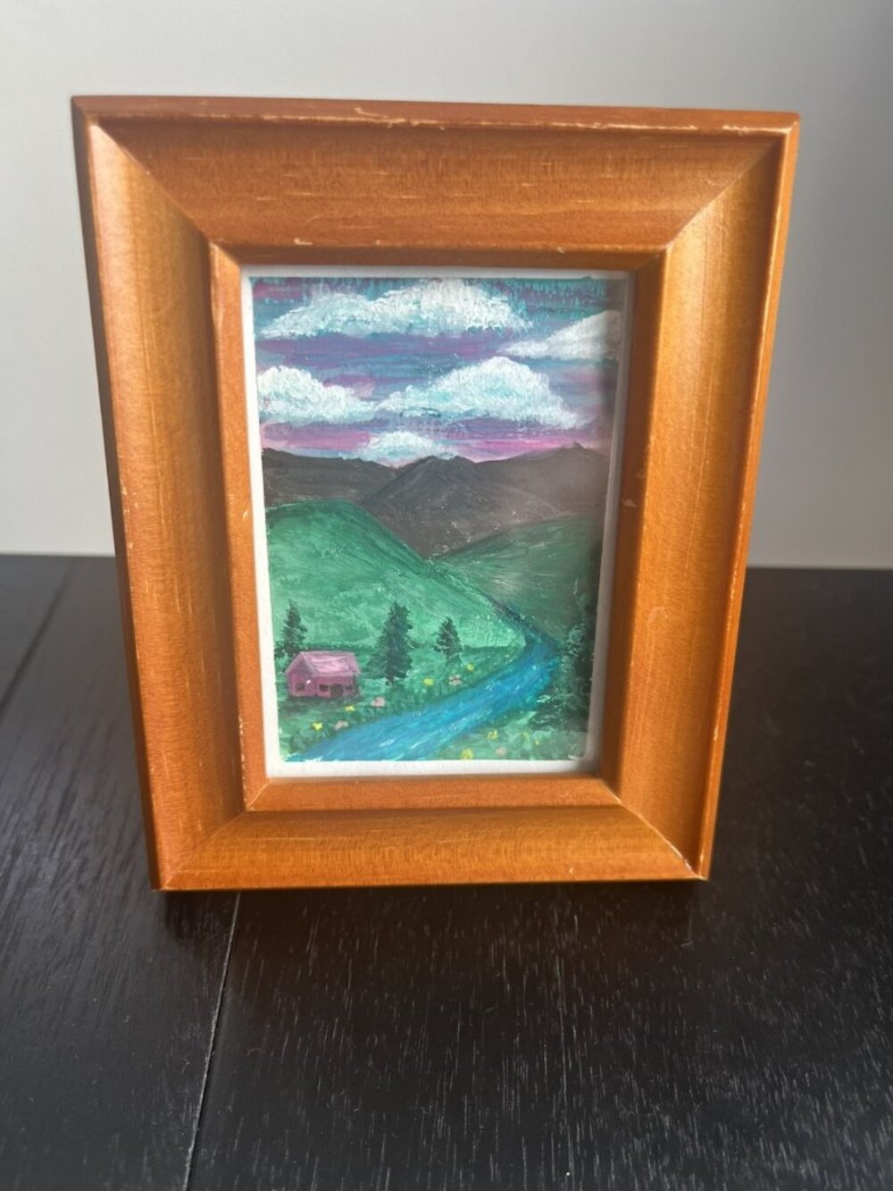 Original Hand Painted Miniature Acrylic Landscape Art Mountain Cabin Framed